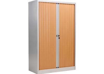 Freestanding metal storage cabinet with locking double tambour doors