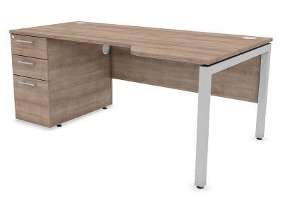 Wood veneer designer 3 drawer pedestal desk with modesty panel, light grey legs and drawer handles