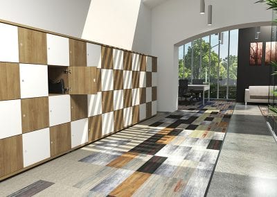 Long run of white and Birch chequerboard storage lockers in an office staff area