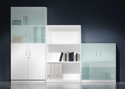 Three white office storage units with glass doors to cupboards, solid door option with lock and height adjustable shelving unit