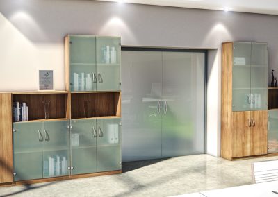 Wooden storage units with shelving and cupboards with frosted glass doors