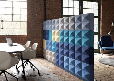 Designer floor standing acoustic screen dividers available in a range of fabric options and sizes