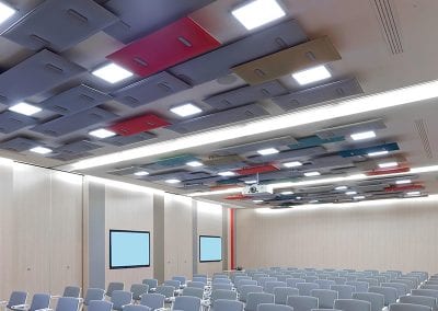 Suspended ceiling acoustic screens available in various sizes and coloured fabric options