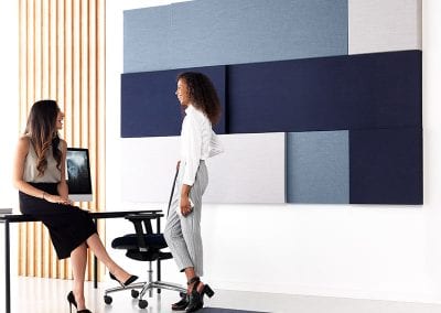 Suspended ceiling and wall mounted acoustic screens available in different colour fabric finishes