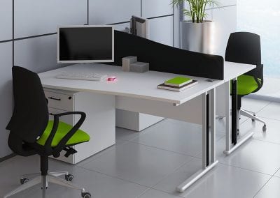 Desk top screens with wave shaped top fitted to white desks with matching pedestals and task chairs