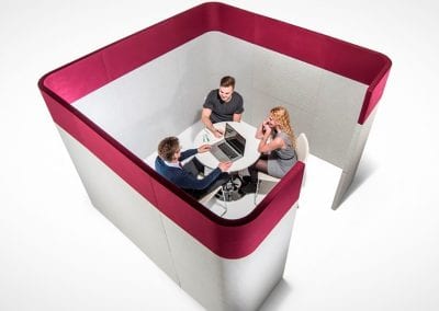 Freestanding modular meeting booth with fabric panels with colour coded options