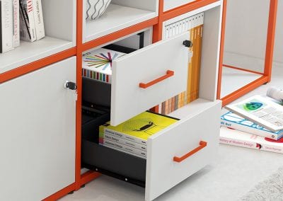 Close up of modular zoning system integrated shelves, locking drawers and cupboard