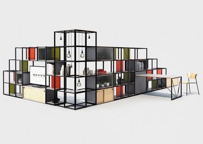 Highly versatile modular zoning solution with shelving, cupboars and integrated desk options