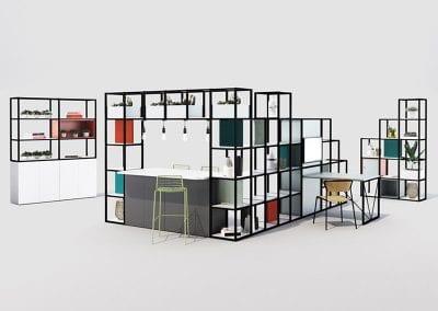 Highly versatile modular zoning system with options for shelving, cupboards, planting trays, integrated desks and dining space