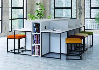 Modular zone desking, shelving and planting system with matching stools