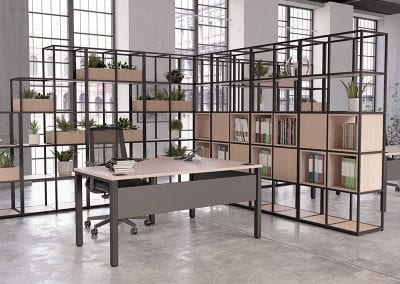Metal framed modular workspace zoning system with shelving and planting options