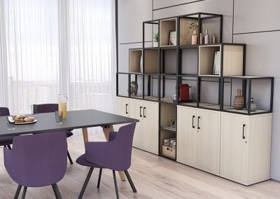 Modular zoning solution that fits on top of standard size office furniture, seen here in a credenza set-up integrating with floor standing cabinets