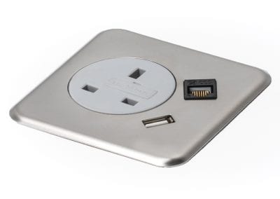 Flush surface mount power socket with RJ45 socket and USB port