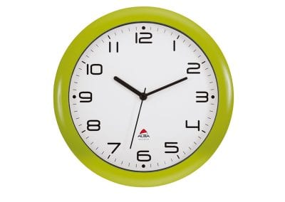 Easy to read wall clock with white face, black numerals and colour coded surround