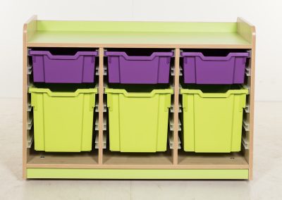 Colour coded wooden storage unit housing coloured plastic storage bins for schools and the workplace