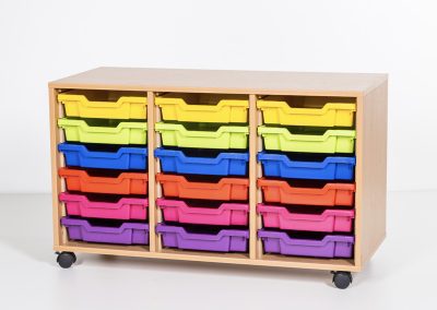 Wheeled wooden storage unit housing colour coded plastic storage bins for school and the workplace