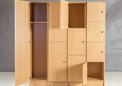 Wooden key locking storage lockers with varying size lockers for schools, workplaces and sports clubs